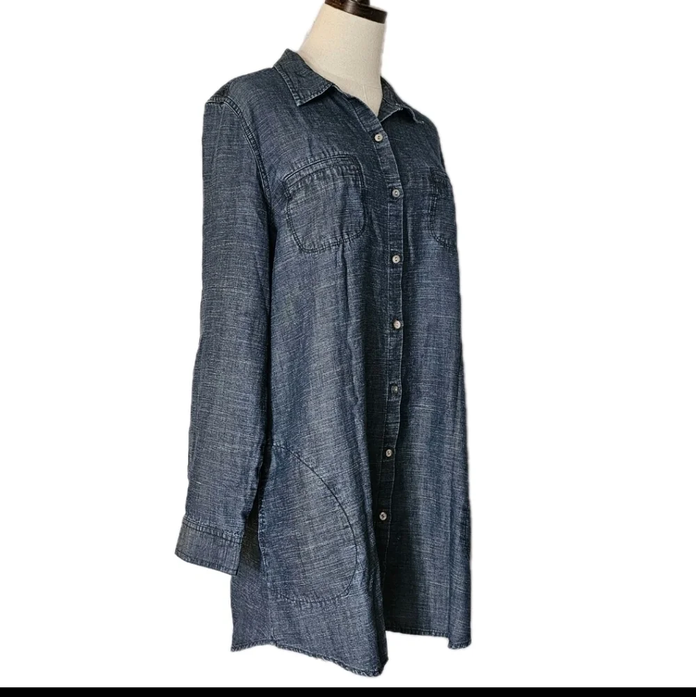 J Jill Large Longsleeve Button Frontt  Roll Tab Chambray   Denim Shirt Dress - Picture 2 of 14